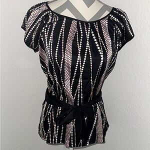 New York & Company Black and White Fitted Tie Front Blouse